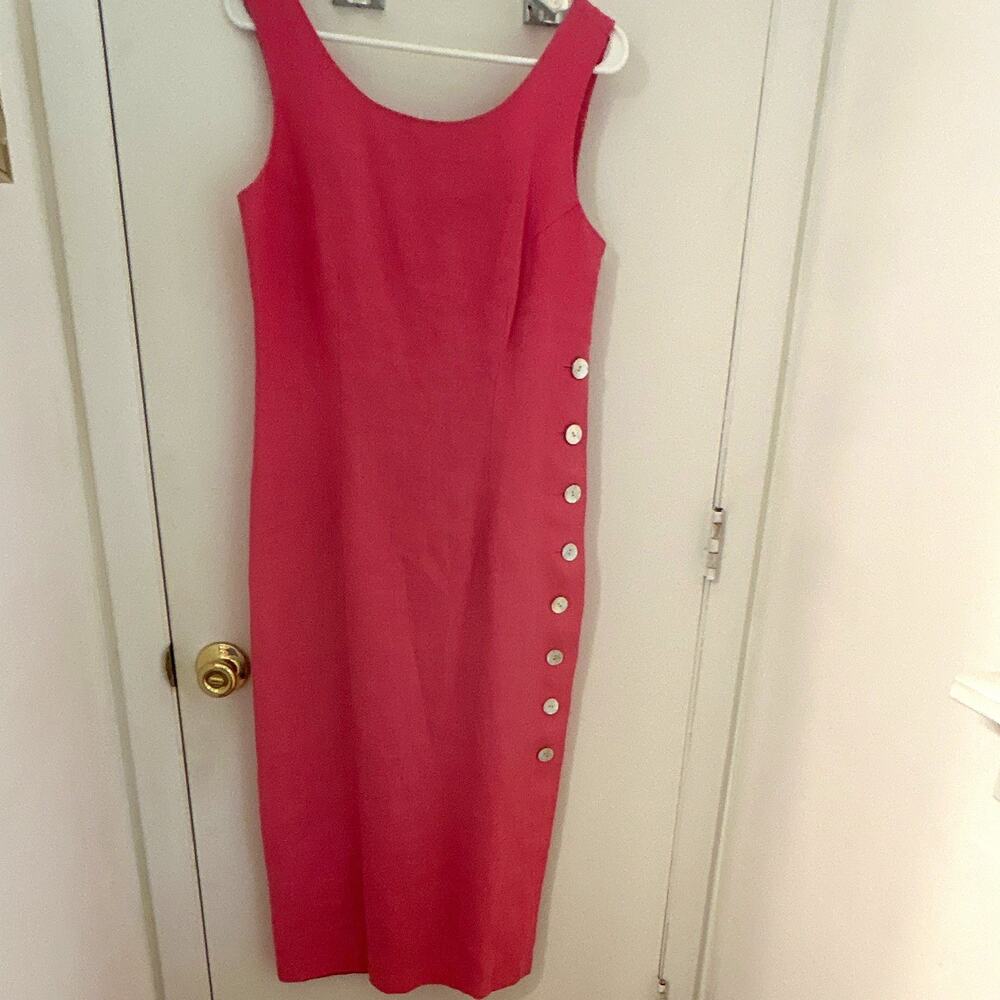 Rebecca Thomas Pink Linen Sheath Dress Long Square Neck Zip Button Lined 10
